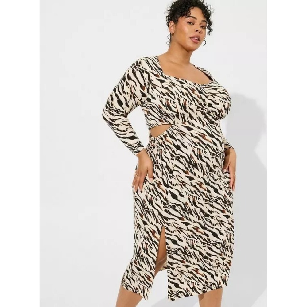 Torrid Cream Black Zebra Print Studio Knit Long Sleeve Cut Outs Maxi Dress Sz 10